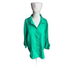 Cole Daniel Women's Linen Blend Button Down Shirt Size L Roll Sleeve Tab Green